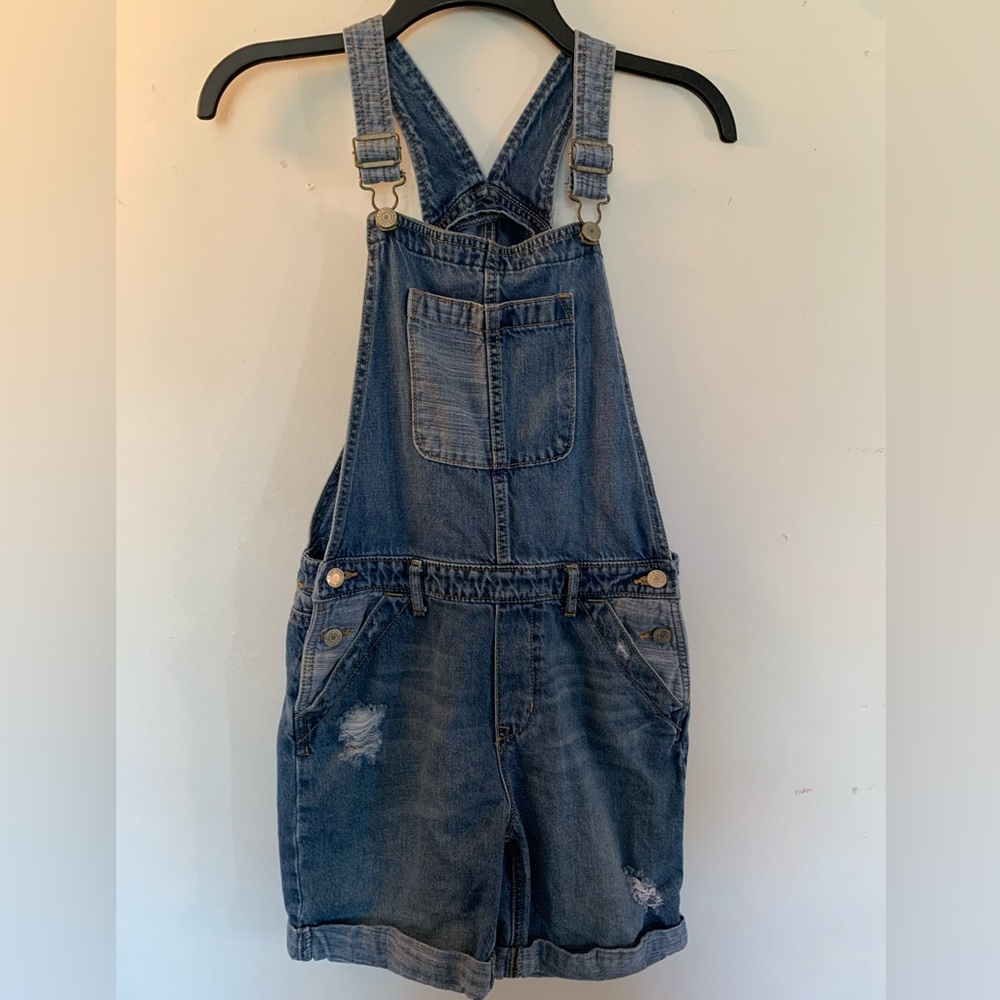 Gap Denim Blue Patch Shortalls Overalls Kids XL Frayed Pockets Cuff